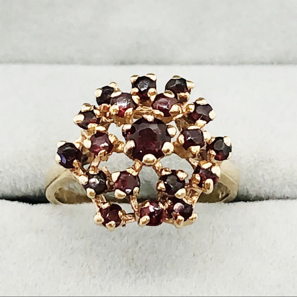 14k Yellow Gold Garnet mid century crown ring sz 6